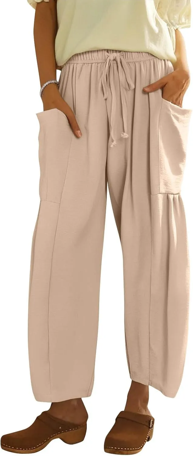 Women Summer Beach Vacation Pants High Waisted Wide Leg Casual Boho Pants Stretchy Loose Palazzo Trousers with Pockets