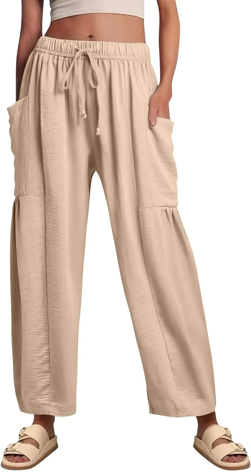 Women Summer Beach Vacation Pants High Waisted Wide Leg Casual Boho Pants Stretchy Loose Palazzo Trousers with Pockets