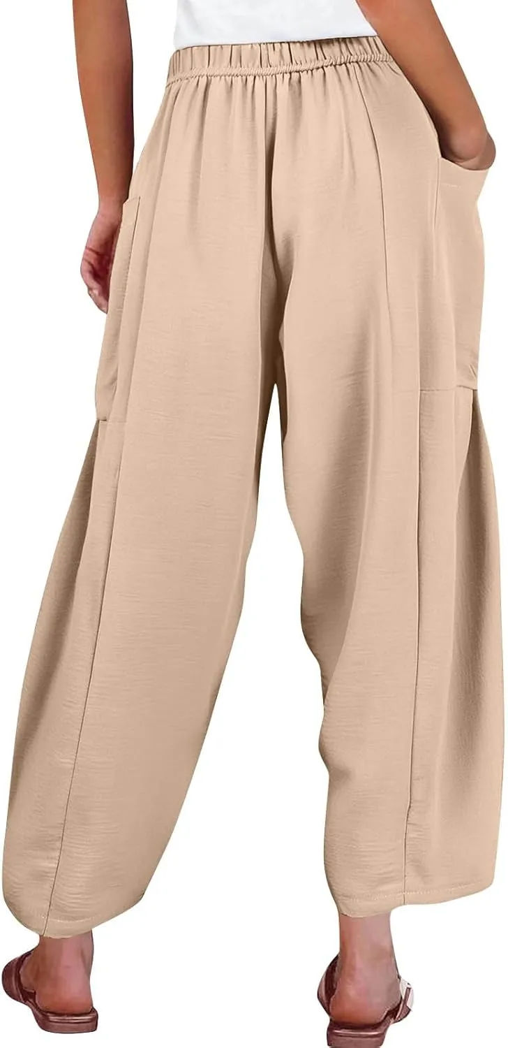 Women Summer Beach Vacation Pants High Waisted Wide Leg Casual Boho Pants Stretchy Loose Palazzo Trousers with Pockets
