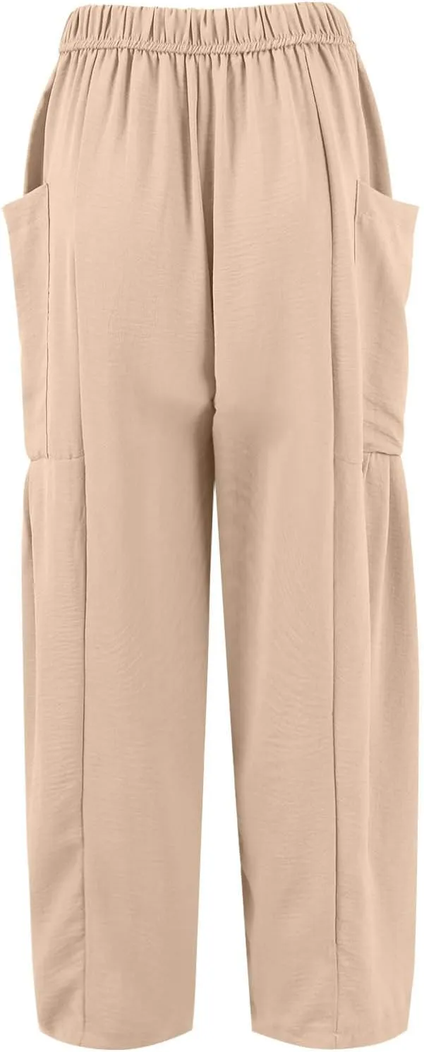 Women Summer Beach Vacation Pants High Waisted Wide Leg Casual Boho Pants Stretchy Loose Palazzo Trousers with Pockets
