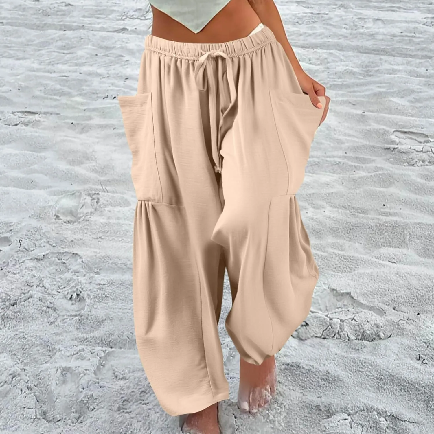 Women Summer Beach Vacation Pants High Waisted Wide Leg Casual Boho Pants Stretchy Loose Palazzo Trousers with Pockets