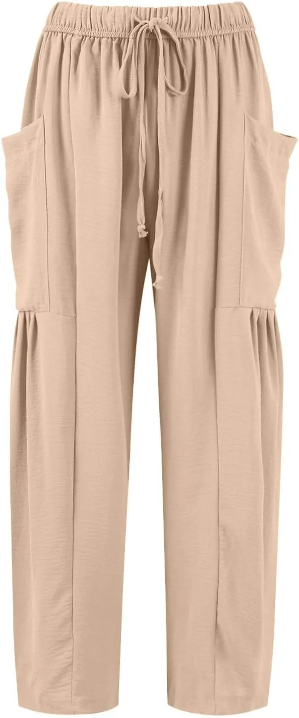 Women Summer Beach Vacation Pants High Waisted Wide Leg Casual Boho Pants Stretchy Loose Palazzo Trousers with Pockets