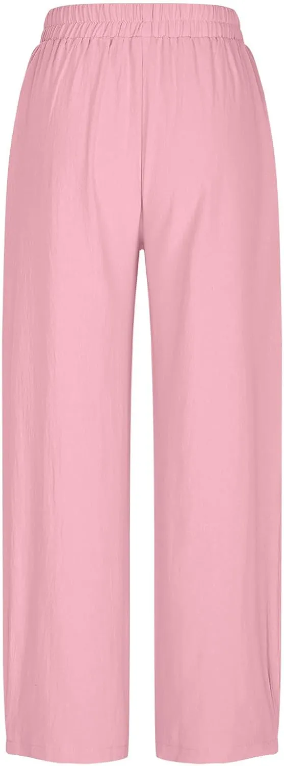 Women Summer Cotton Linen Pants Elastic Waist Straight Pant Wide Leg Beach Trousers Lightweight Long Pants