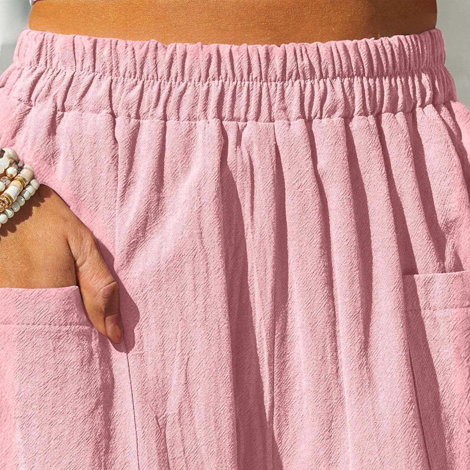 Women Summer Cotton Linen Pants Elastic Waist Straight Pant Wide Leg Beach Trousers Lightweight Long Pants