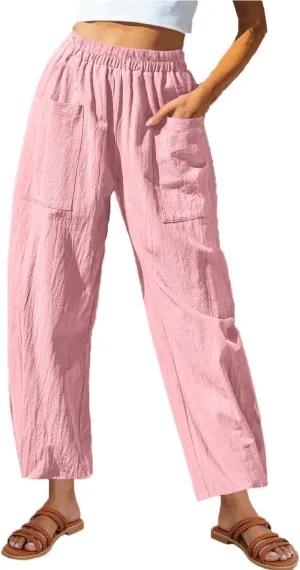 Women Summer Cotton Linen Pants Elastic Waist Straight Pant Wide Leg Beach Trousers Lightweight Long Pants