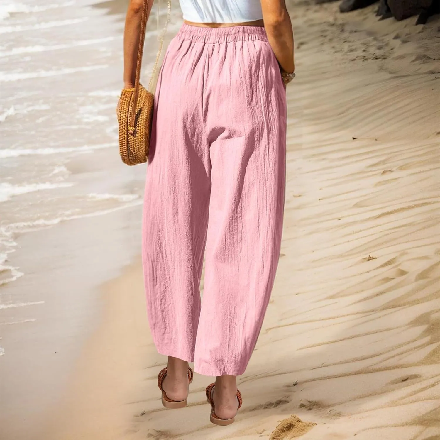 Women Summer Cotton Linen Pants Elastic Waist Straight Pant Wide Leg Beach Trousers Lightweight Long Pants