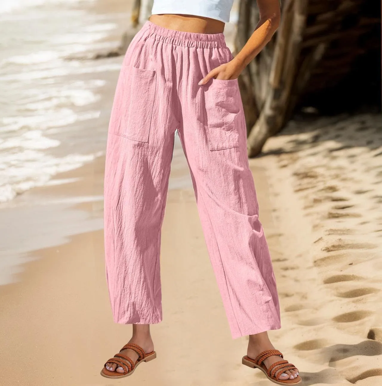 Women Summer Cotton Linen Pants Elastic Waist Straight Pant Wide Leg Beach Trousers Lightweight Long Pants
