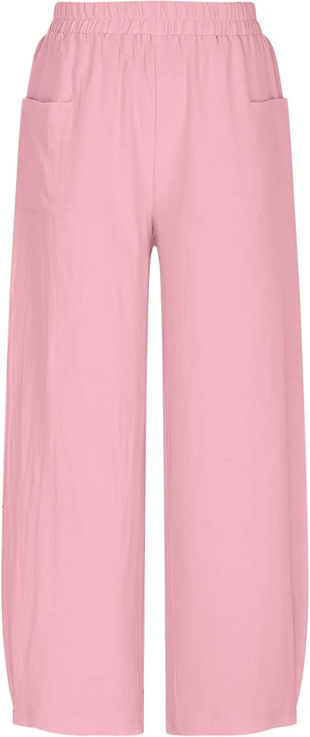 Women Summer Cotton Linen Pants Elastic Waist Straight Pant Wide Leg Beach Trousers Lightweight Long Pants