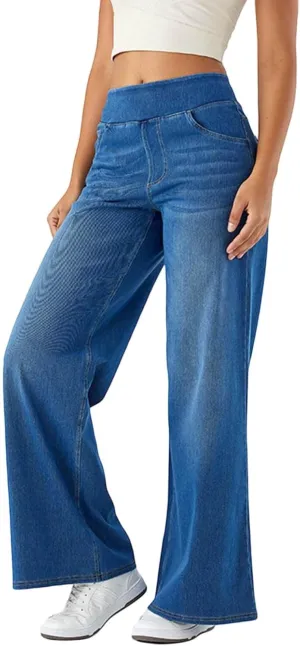 Women Sweatpant Jeans That Look Like Wide Leg Stretchy Denim Pant High Waisted Baggy Streetwear Trousers with Pockets