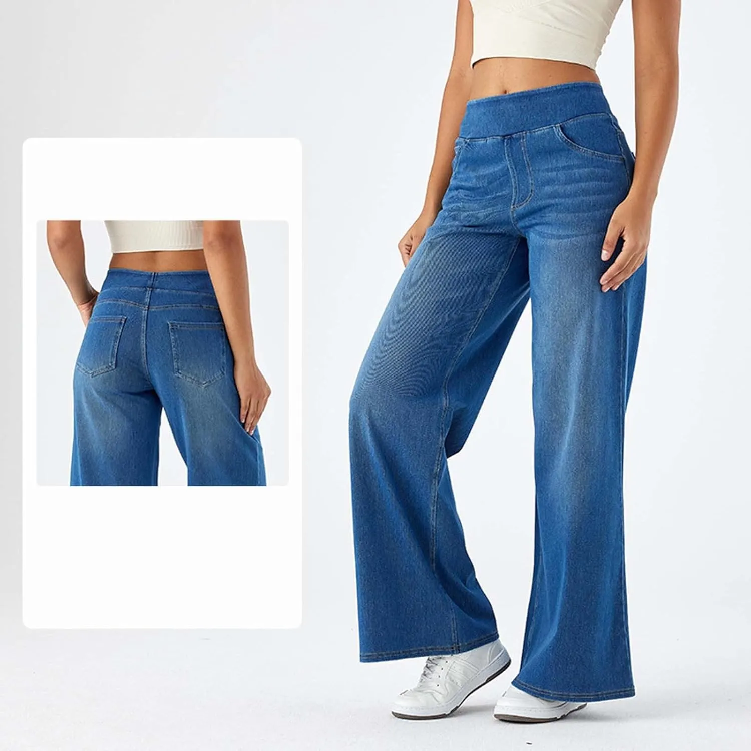 Women Sweatpant Jeans That Look Like Wide Leg Stretchy Denim Pant High Waisted Baggy Streetwear Trousers with Pockets