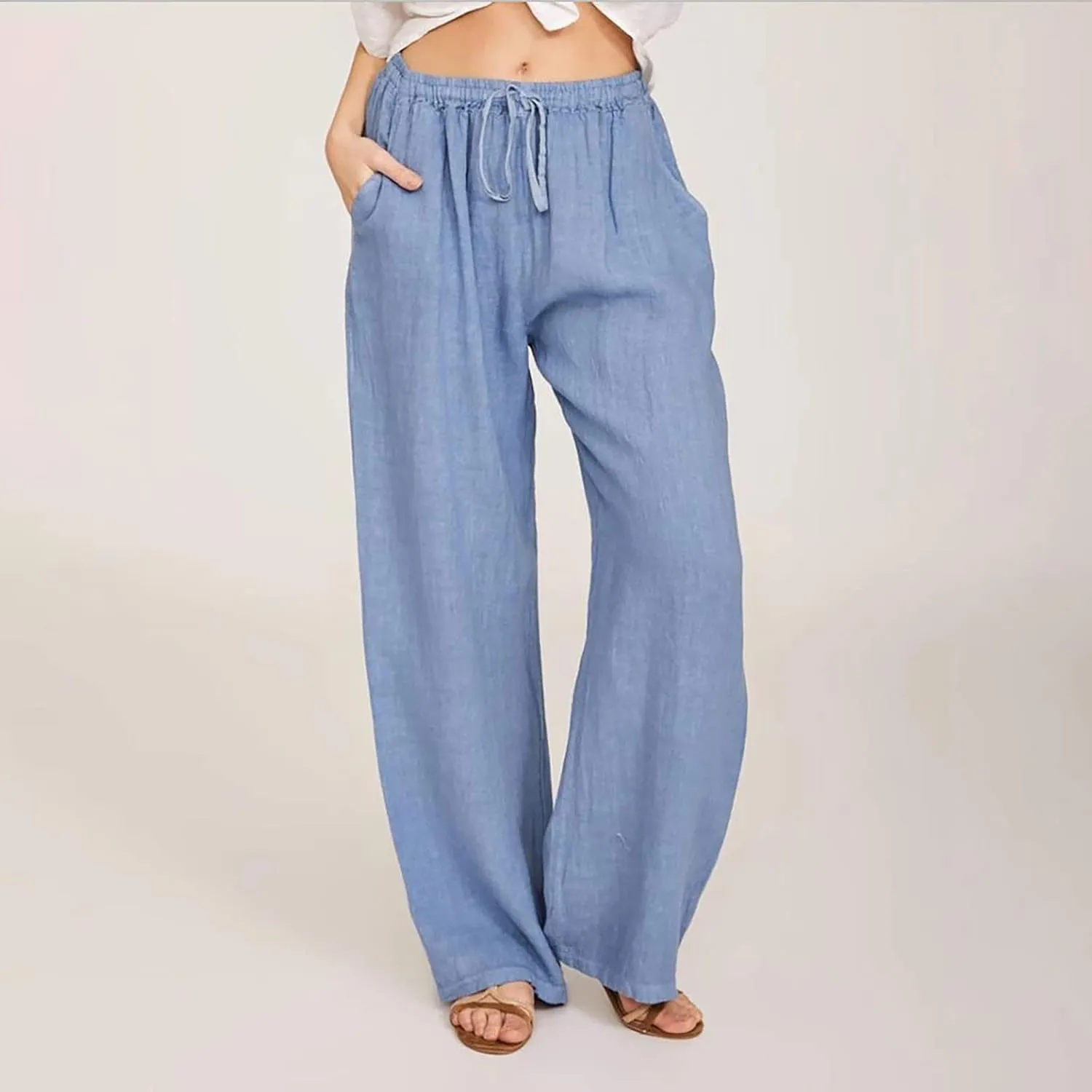 Women Trendy Linen Pants 2024 Wide Leg Causal Pants Flowy Palazzo Pants Boho Summer Vacation Outfits with Pockets