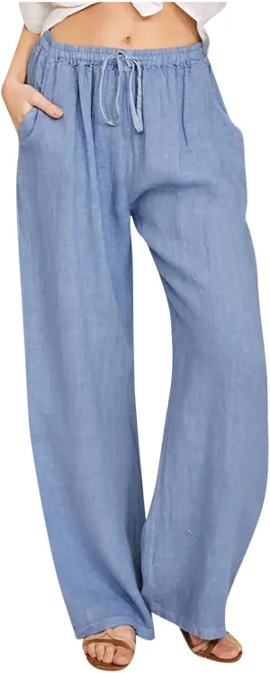 Women Trendy Linen Pants 2024 Wide Leg Causal Pants Flowy Palazzo Pants Boho Summer Vacation Outfits with Pockets