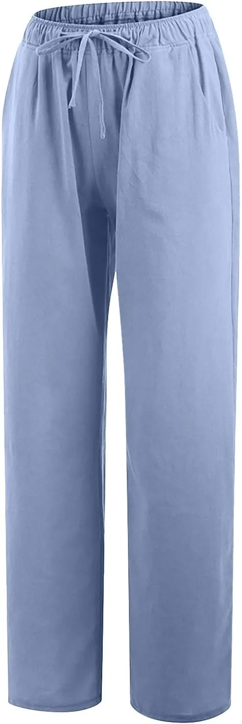 Women Trendy Linen Pants 2024 Wide Leg Causal Pants Flowy Palazzo Pants Boho Summer Vacation Outfits with Pockets