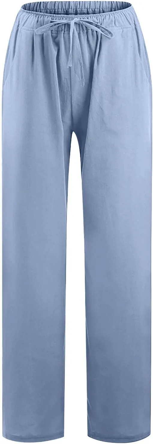 Women Trendy Linen Pants 2024 Wide Leg Causal Pants Flowy Palazzo Pants Boho Summer Vacation Outfits with Pockets