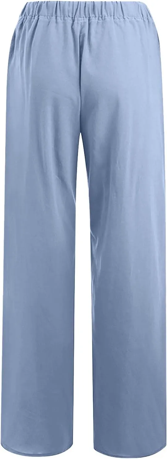Women Trendy Linen Pants 2024 Wide Leg Causal Pants Flowy Palazzo Pants Boho Summer Vacation Outfits with Pockets