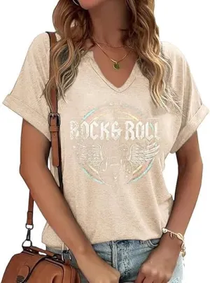 Women Vintage V Neck Shirts Rock and Roll Music Guitar Graphic T Shirt Country Music Tops Teacher Tee