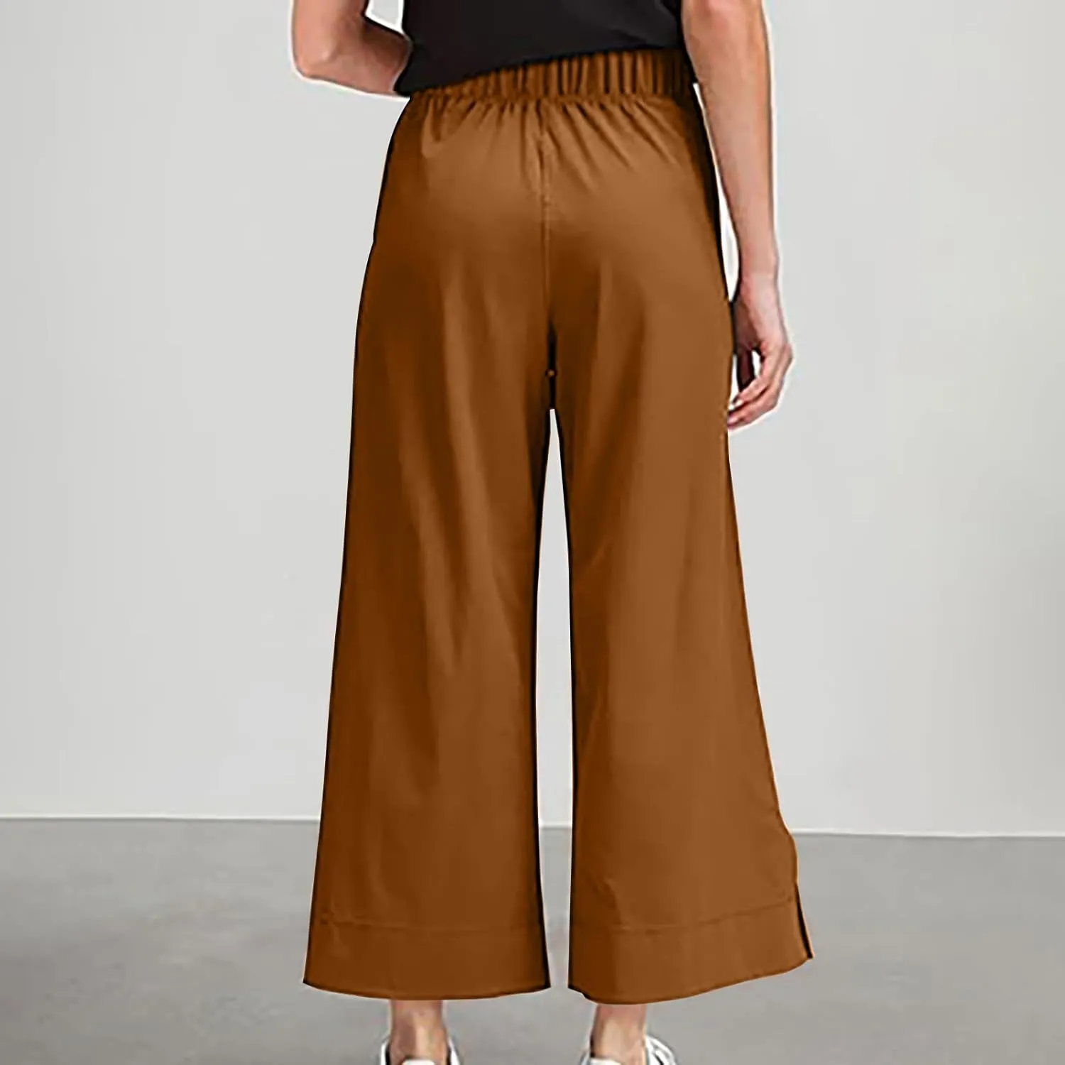 Women Wide Leg Cotton Linen Pants Elastic High Waisted Side Slit Boho Trousers with Pocekts Business Casual Outfits