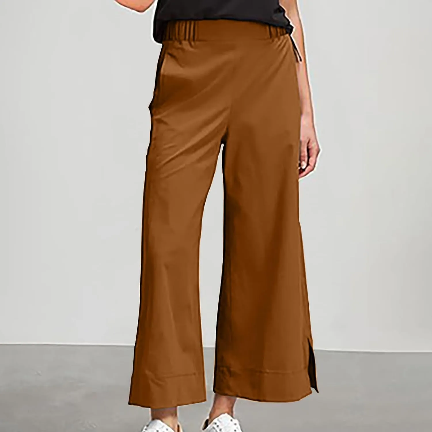 Women Wide Leg Cotton Linen Pants Elastic High Waisted Side Slit Boho Trousers with Pocekts Business Casual Outfits
