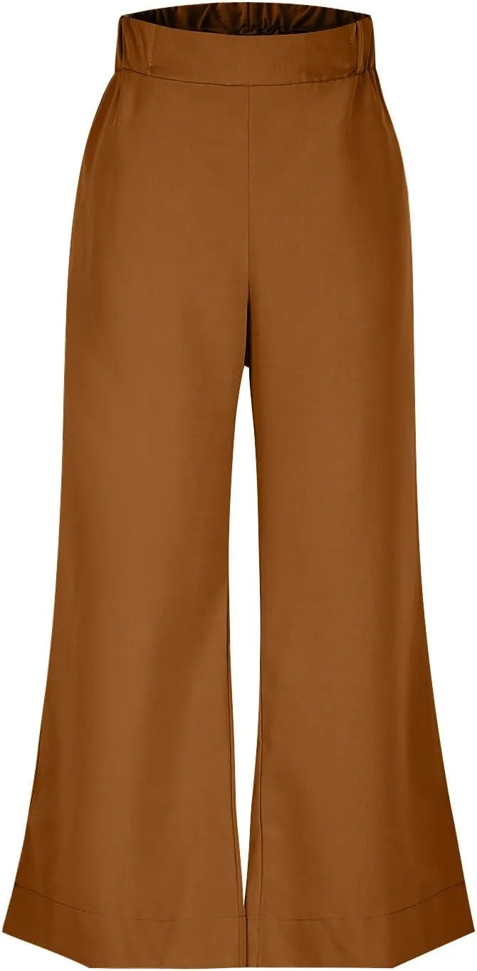 Women Wide Leg Cotton Linen Pants Elastic High Waisted Side Slit Boho Trousers with Pocekts Business Casual Outfits