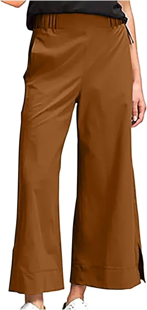 Women Wide Leg Cotton Linen Pants Elastic High Waisted Side Slit Boho Trousers with Pocekts Business Casual Outfits