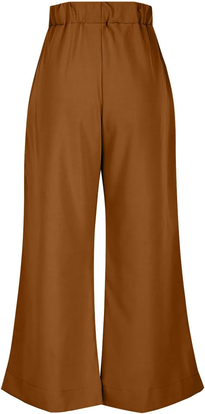 Women Wide Leg Cotton Linen Pants Elastic High Waisted Side Slit Boho Trousers with Pocekts Business Casual Outfits