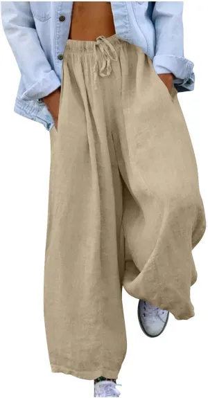 Women Wide Leg Palazzo Pants 2025 Summer Casual Loose Cotton Linen Pant Spring High Waist Flowy Beach Trousers Outfits