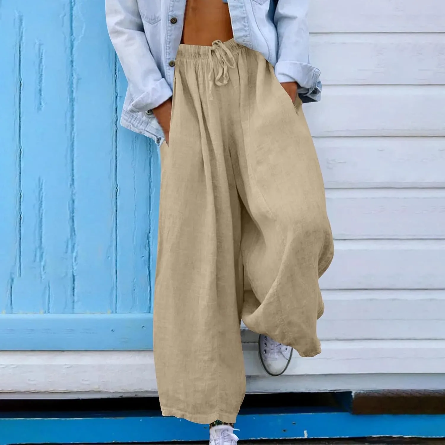 Women Wide Leg Palazzo Pants 2025 Summer Casual Loose Cotton Linen Pant Spring High Waist Flowy Beach Trousers Outfits
