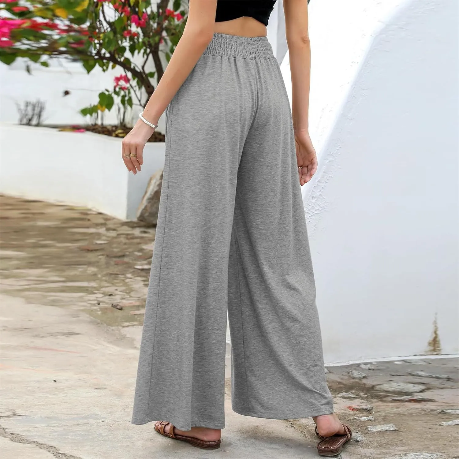 Women Wide Leg Palazzo Pants Casual Elastic High Waist Trousers Flowy Lounge Slacks with Pockets Summer Beach Outfits