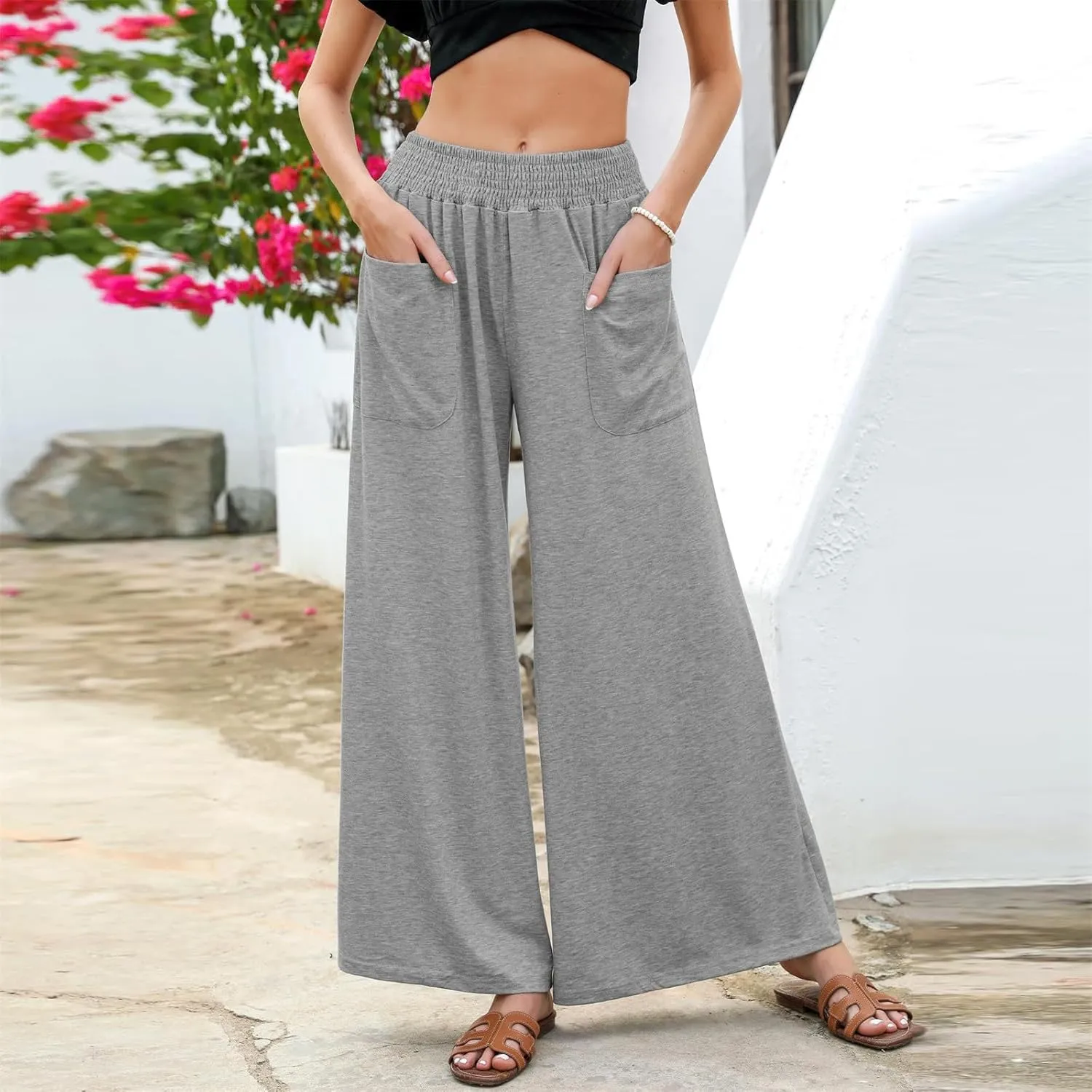Women Wide Leg Palazzo Pants Casual Elastic High Waist Trousers Flowy Lounge Slacks with Pockets Summer Beach Outfits