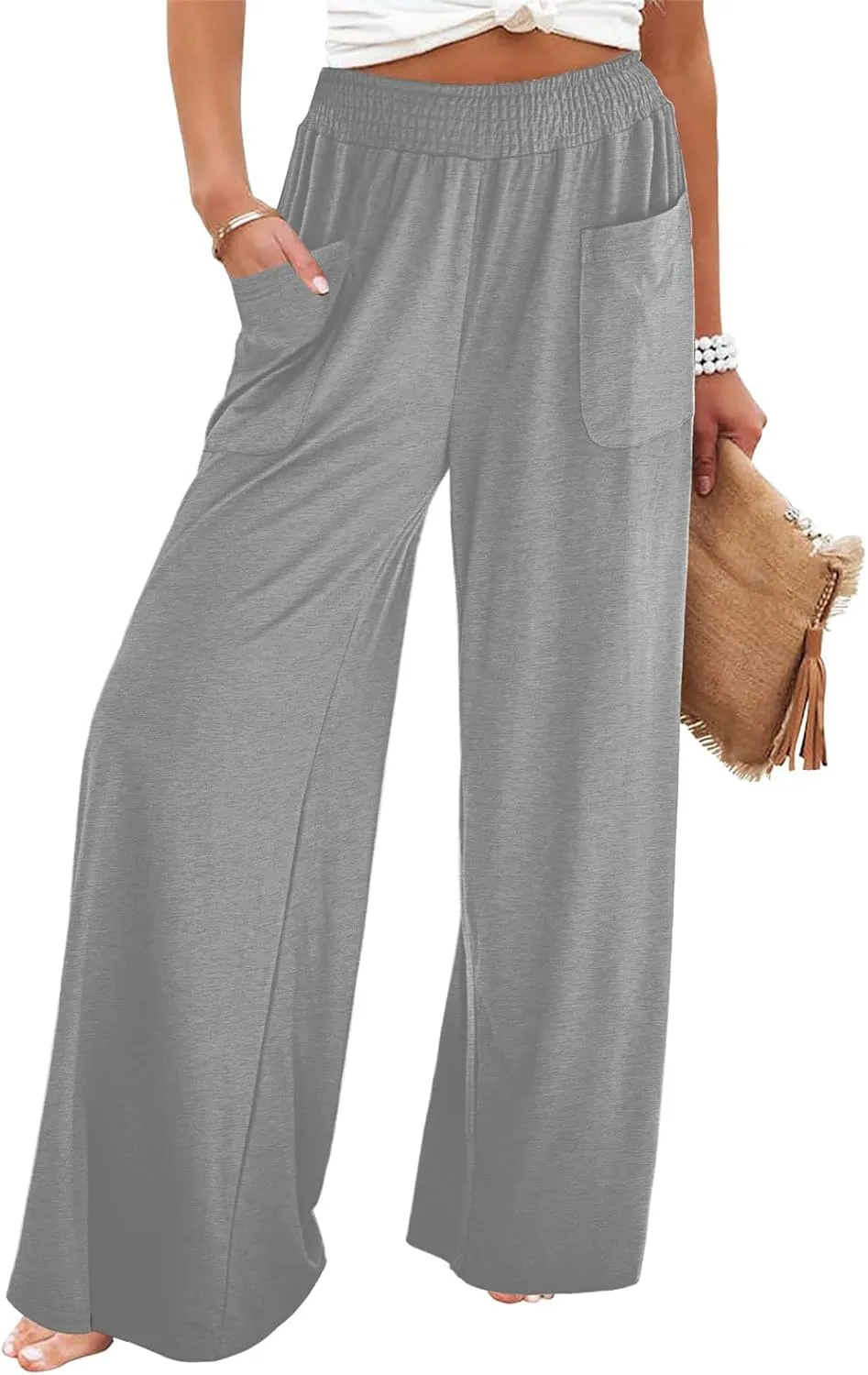Women Wide Leg Palazzo Pants Casual Elastic High Waist Trousers Flowy Lounge Slacks with Pockets Summer Beach Outfits