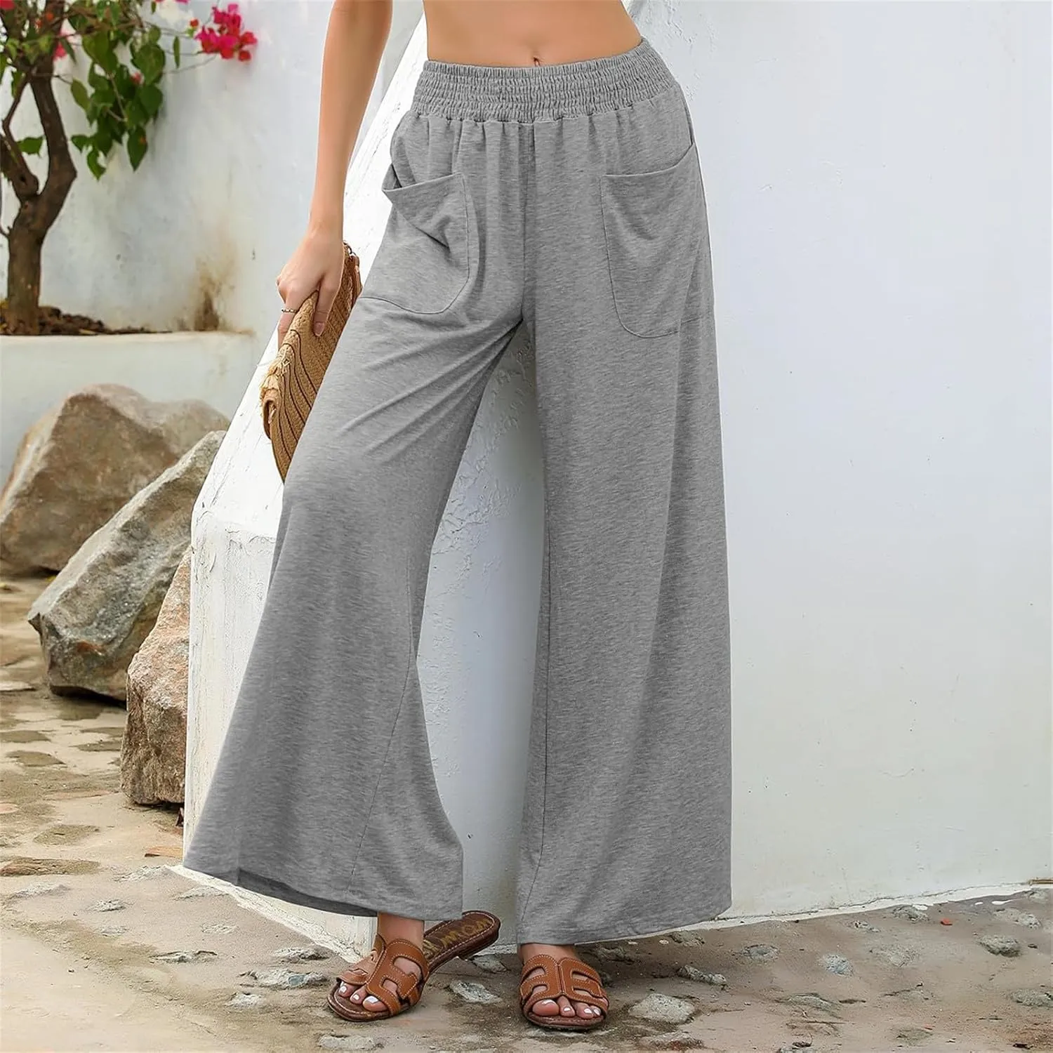 Women Wide Leg Palazzo Pants Casual Elastic High Waist Trousers Flowy Lounge Slacks with Pockets Summer Beach Outfits