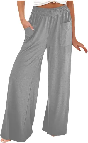 Women Wide Leg Palazzo Pants Casual Elastic High Waist Trousers Flowy Lounge Slacks with Pockets Summer Beach Outfits