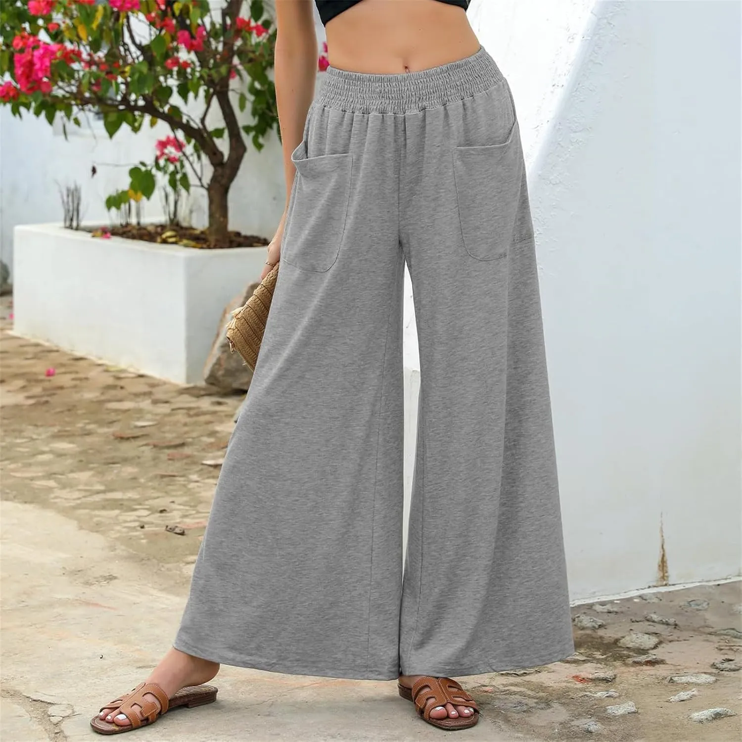 Women Wide Leg Palazzo Pants Casual Elastic High Waist Trousers Flowy Lounge Slacks with Pockets Summer Beach Outfits