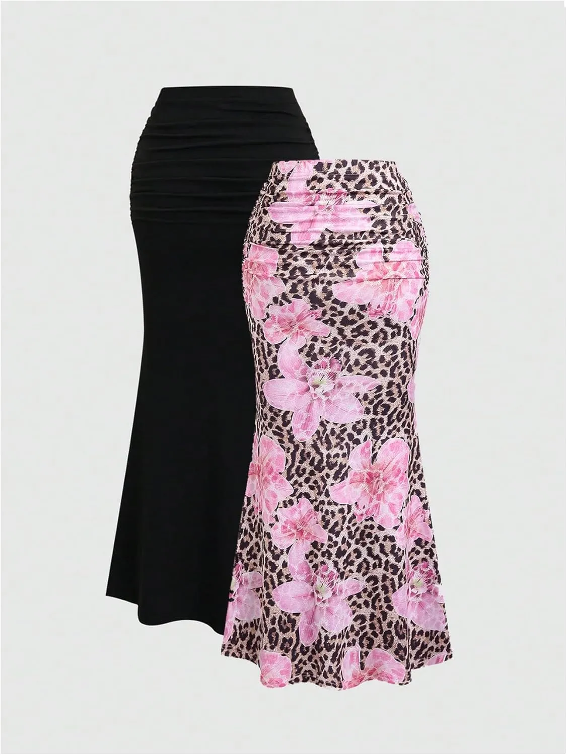 Women's 2 Pack Fishtail Skirt Elegant Floral Ruched Skinny Bodycon Long Skirts