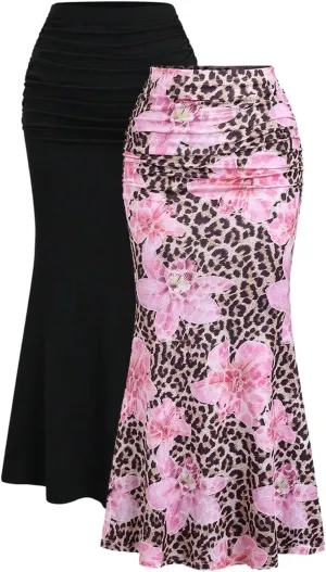Women's 2 Pack Fishtail Skirt Elegant Floral Ruched Skinny Bodycon Long Skirts