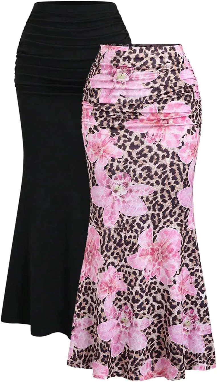 Women's 2 Pack Fishtail Skirt Elegant Floral Ruched Skinny Bodycon Long Skirts