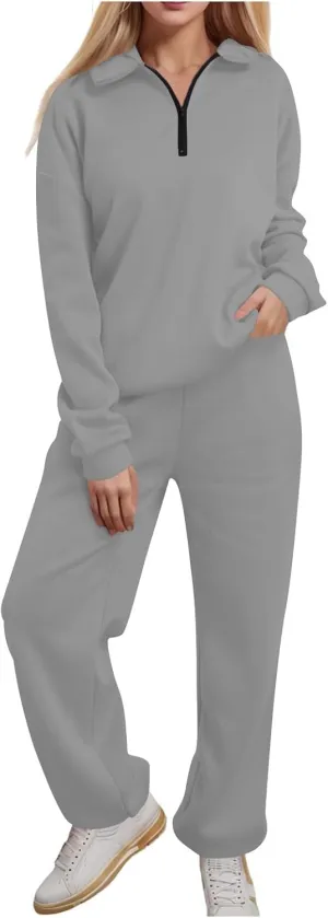 Womens 2 Piece Outfits Lounge Half Zip Hoodie Sweatsuit Sets Oversized Sweatshirt Baggy Fall Fashion Sweatpants A-Grey