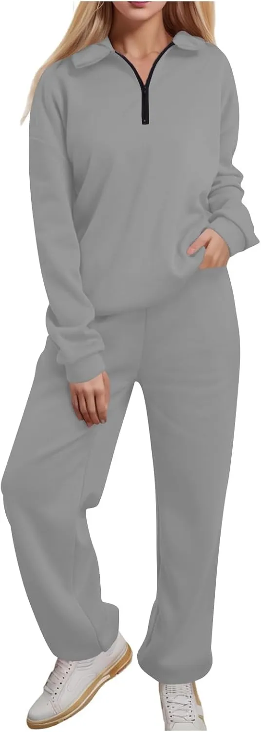 Womens 2 Piece Outfits Lounge Half Zip Hoodie Sweatsuit Sets Oversized Sweatshirt Baggy Fall Fashion Sweatpants A-Grey
