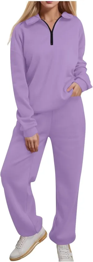 Womens 2 Piece Outfits Lounge Half Zip Hoodie Sweatsuit Sets Oversized Sweatshirt Baggy Fall Fashion Sweatpants A-Purple