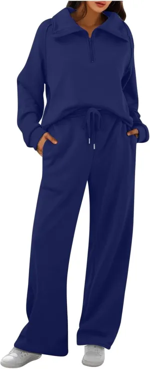 Womens 2 Piece Outfits Lounge Half Zip Hoodie Sweatsuit Sets Oversized Sweatshirt Baggy Fall Fashion Sweatpants Dark Blue