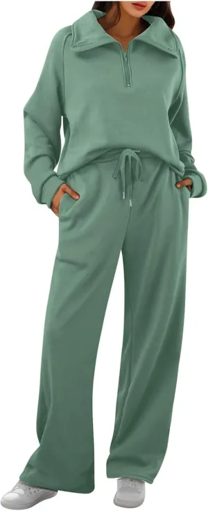 Womens 2 Piece Outfits Lounge Half Zip Hoodie Sweatsuit Sets Oversized Sweatshirt Baggy Fall Fashion Sweatpants Green