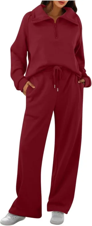 Womens 2 Piece Outfits Lounge Half Zip Hoodie Sweatsuit Sets Oversized Sweatshirt Baggy Fall Fashion Sweatpants Red
