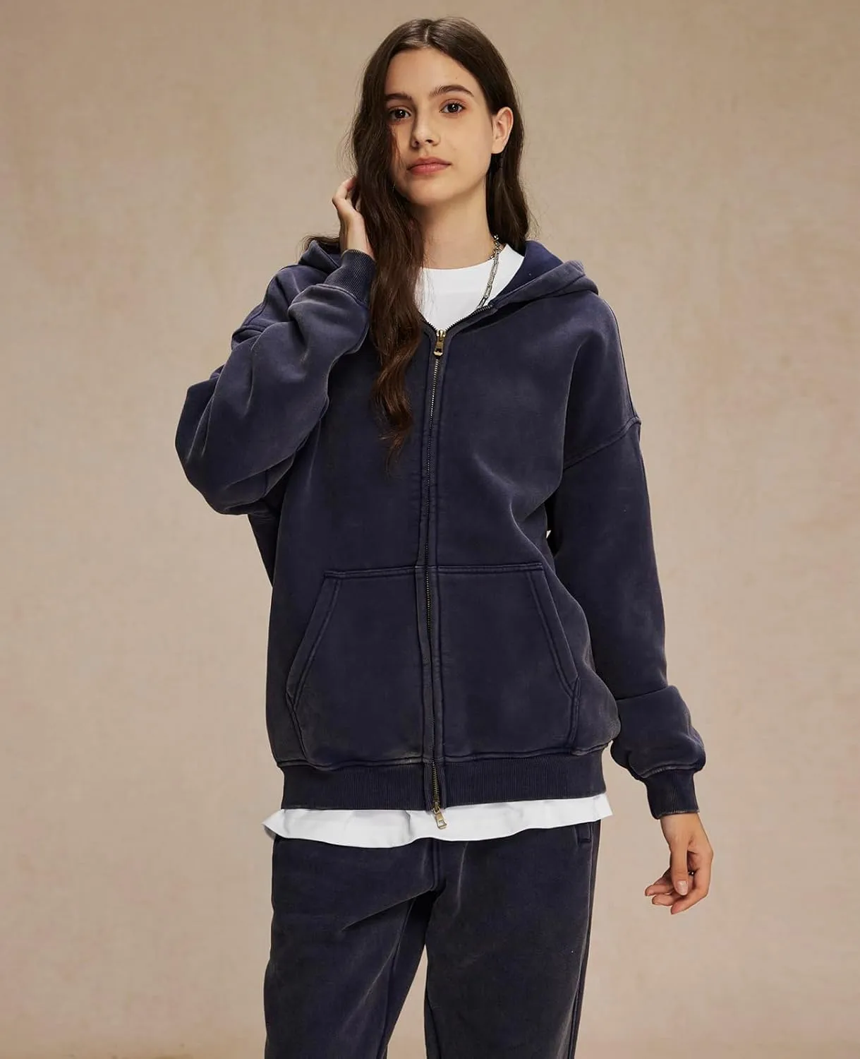 Womens and Mens Zip Up Hoodies Long Sleeve Fall Oversized Sweatshirts Acid Wash Y2K Jacket with Pockets