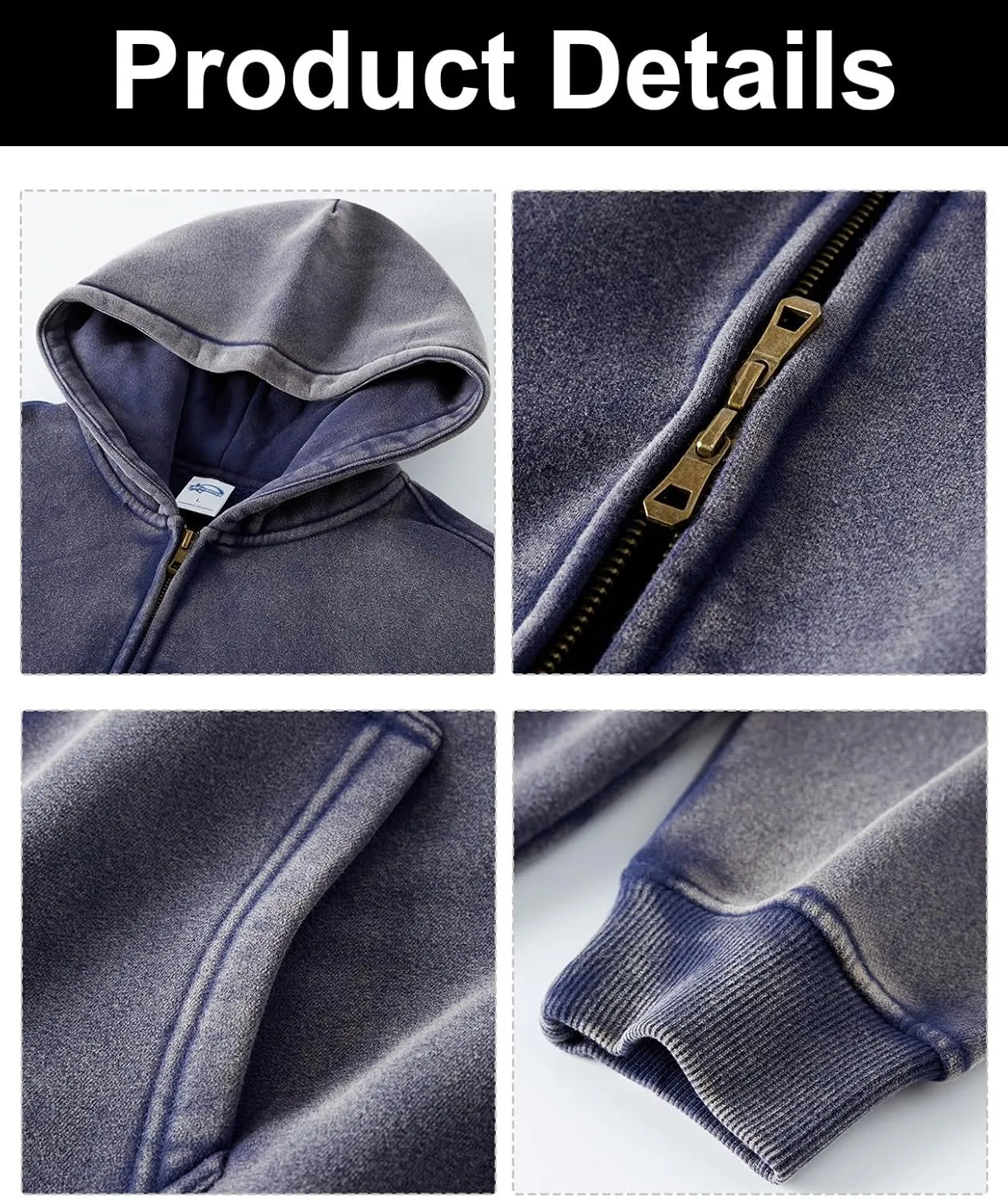 Womens and Mens Zip Up Hoodies Long Sleeve Fall Oversized Sweatshirts Acid Wash Y2K Jacket with Pockets