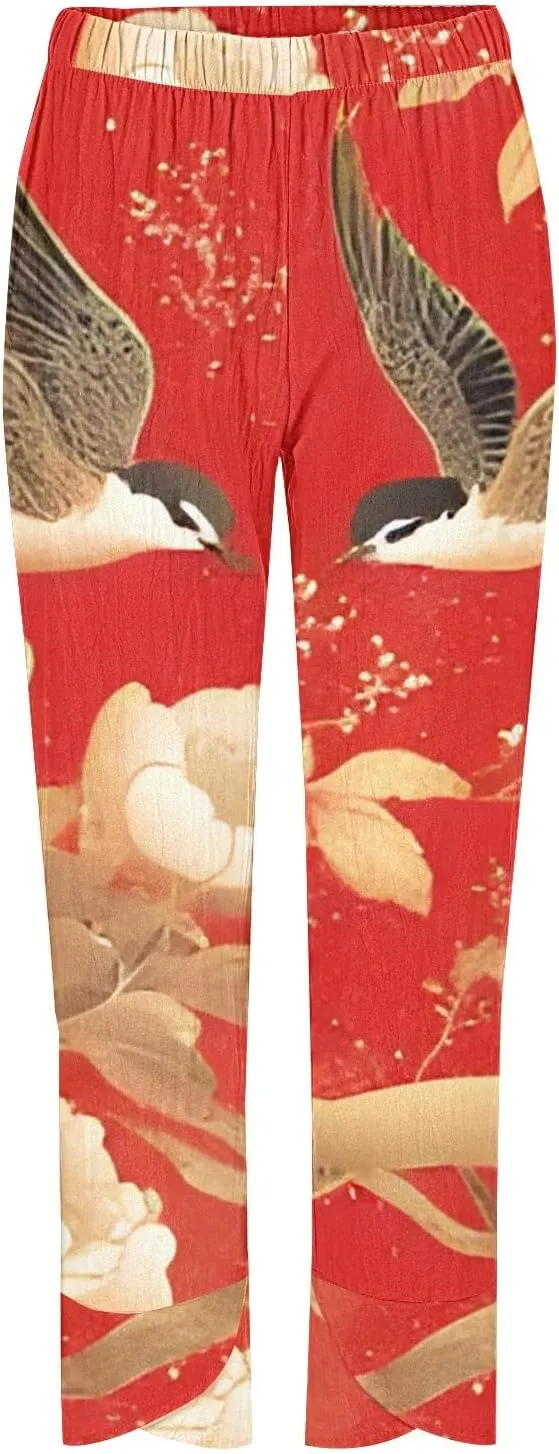 Women's Boho Floral Print Cotton Linen Casual Pants Summer High Waisted Baggy Beach Trousers with Pockets Plus Size