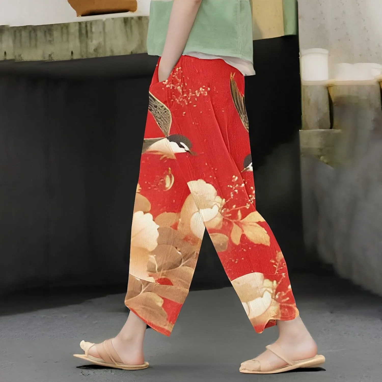 Women's Boho Floral Print Cotton Linen Casual Pants Summer High Waisted Baggy Beach Trousers with Pockets Plus Size