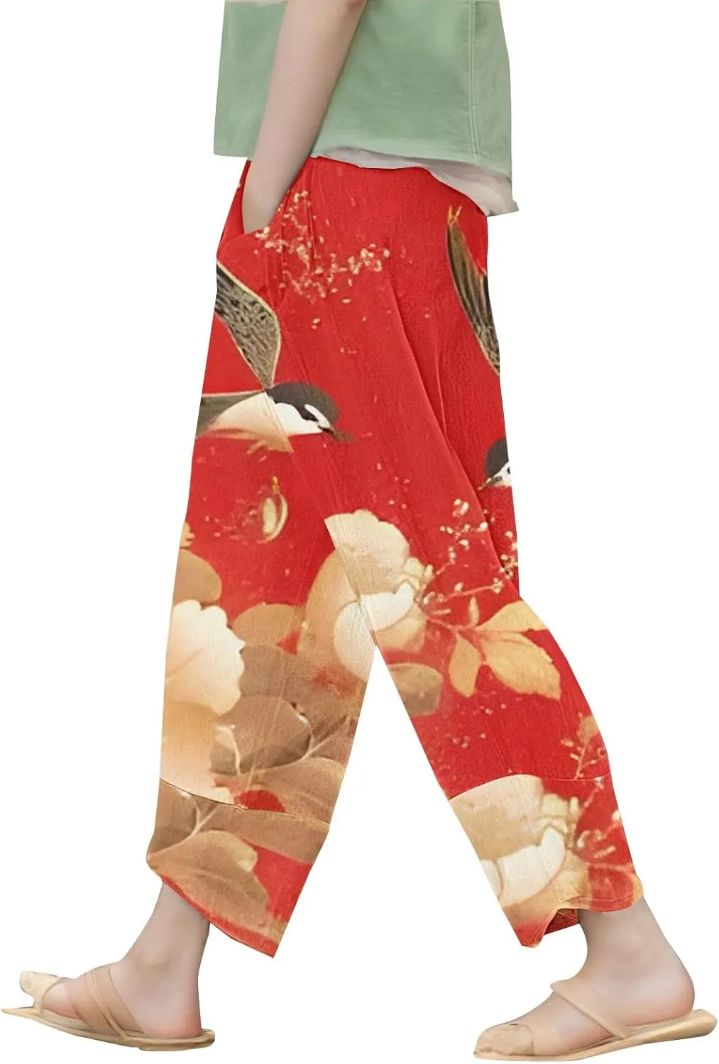 Women's Boho Floral Print Cotton Linen Casual Pants Summer High Waisted Baggy Beach Trousers with Pockets Plus Size
