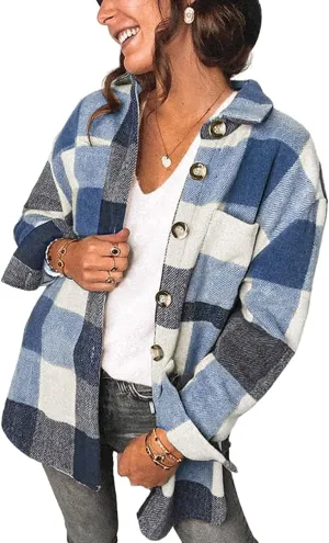Women's Brushed Plaid Shirts Long Sleeve Flannel Lapel Button Down Cardigan Boyfriend Shacket Jacket Coats