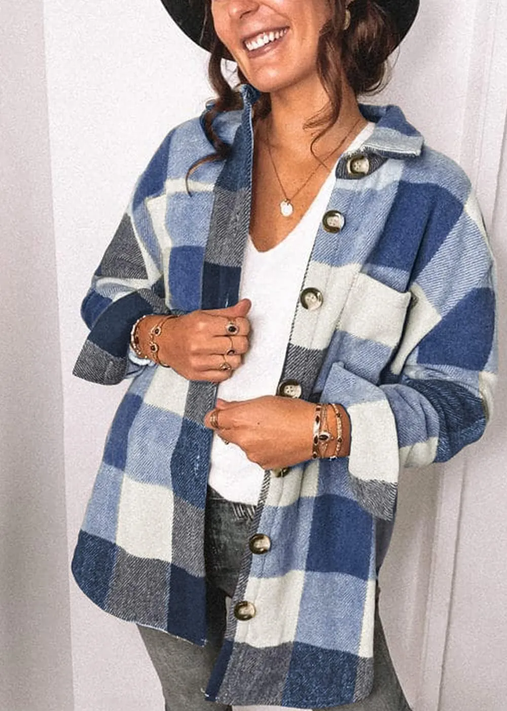 Women's Brushed Plaid Shirts Long Sleeve Flannel Lapel Button Down Cardigan Boyfriend Shacket Jacket Coats
