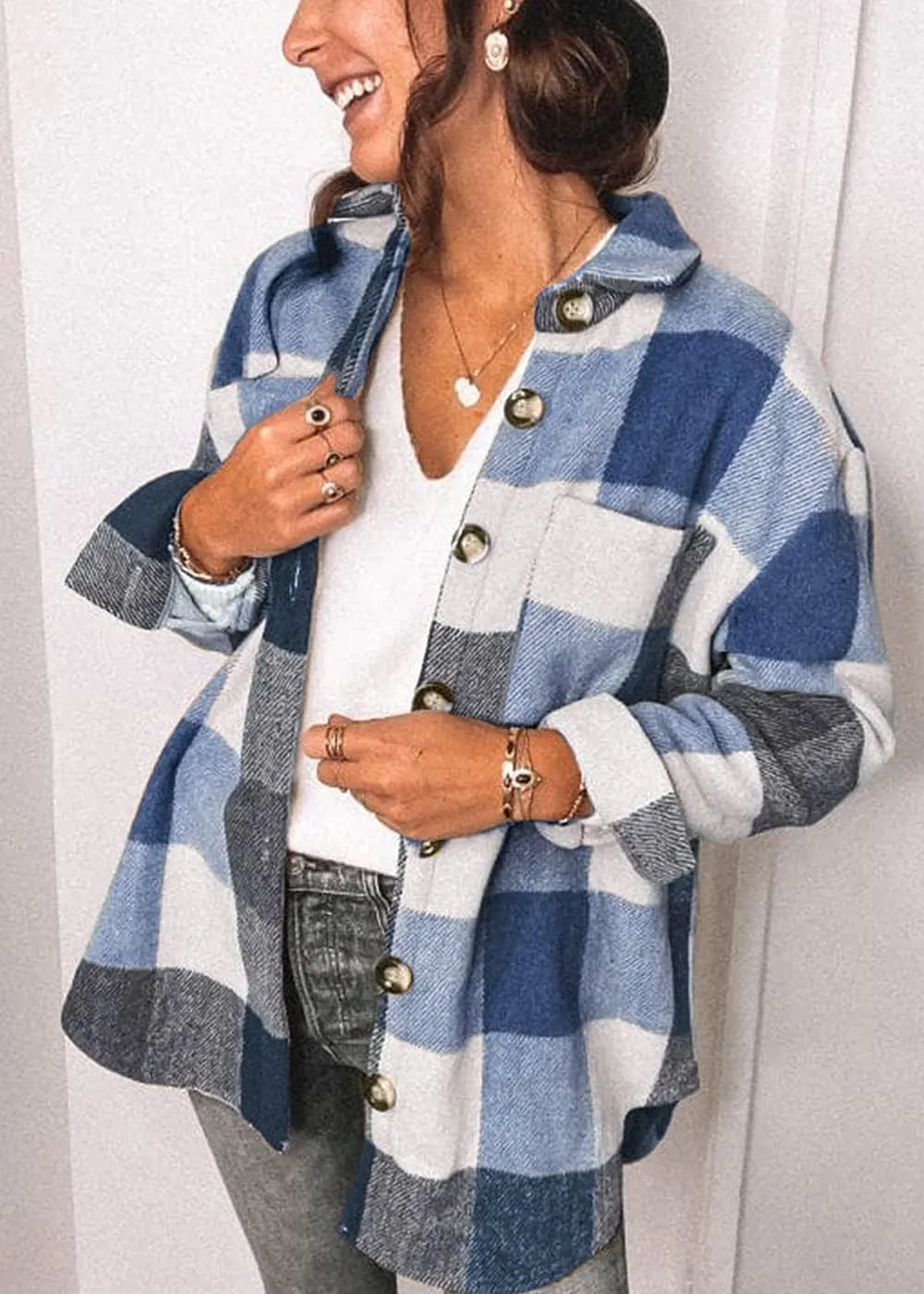 Women's Brushed Plaid Shirts Long Sleeve Flannel Lapel Button Down Cardigan Boyfriend Shacket Jacket Coats